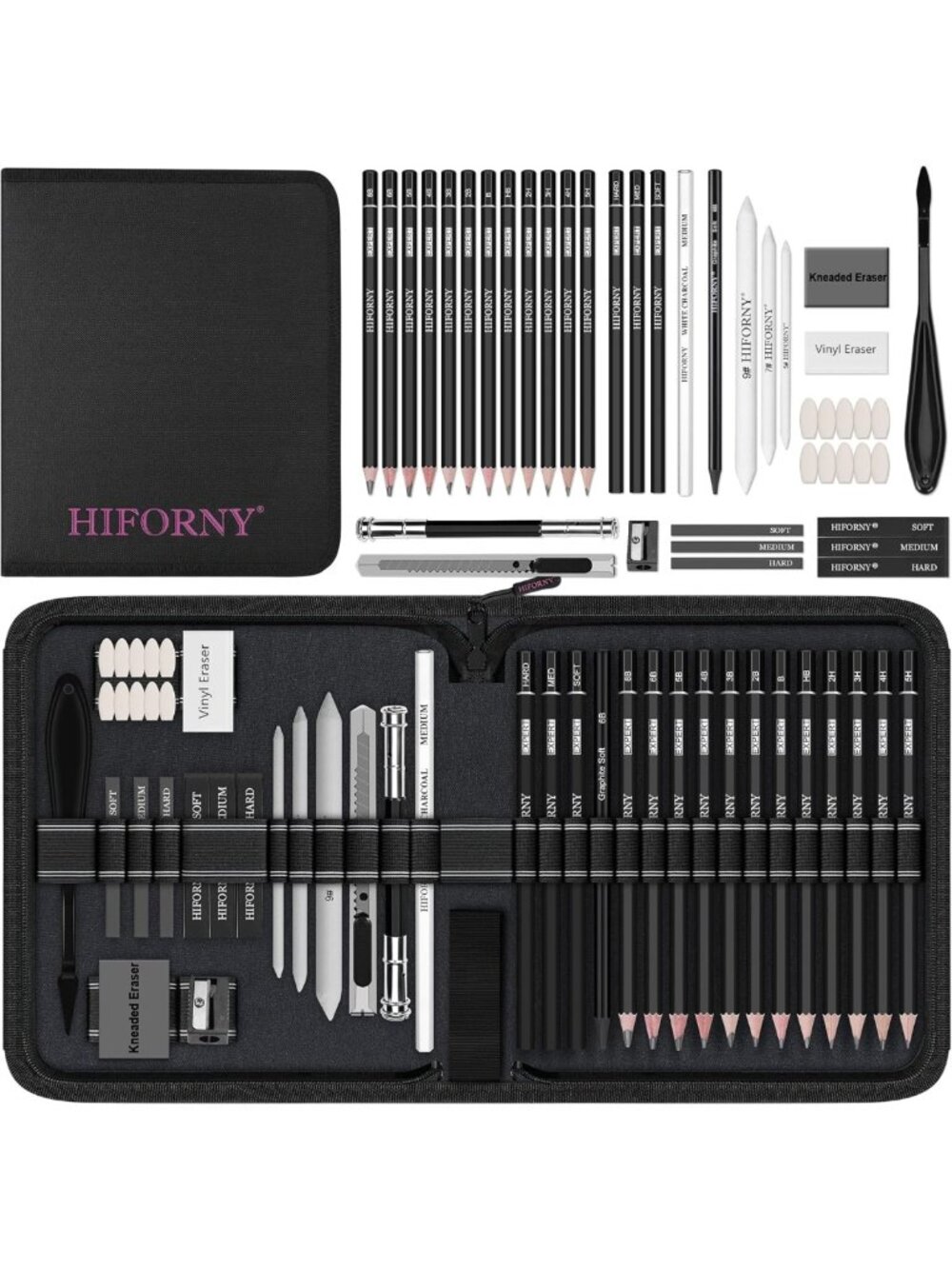 42 PCS Sketching Kit - Graphite & Charcoal Pencils, Blending Tools, Travel Case